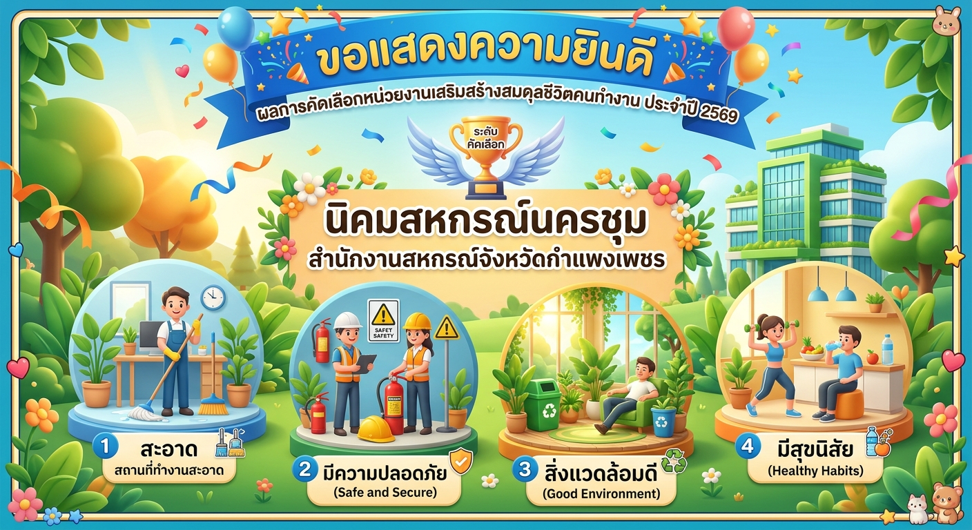 ประกาศผลการคัดเลือกหน่วยงานเสริมสร้างสมดุลชีวิตคนทำงาน ประจำปี 2569 หน่วยงานเสริมสร้างสมดุลชีวิตคนทำงาน ระดับคัดเลือก นิคมสหกรณ์นครชุม สำนักงานสหกรณ์จังหวัดกำแพงเพชร ภายใต้หลัก 4 ประการ สะอาด ปลอดภัย สิ่งแวดล้อมดี มีสุขนิสัย