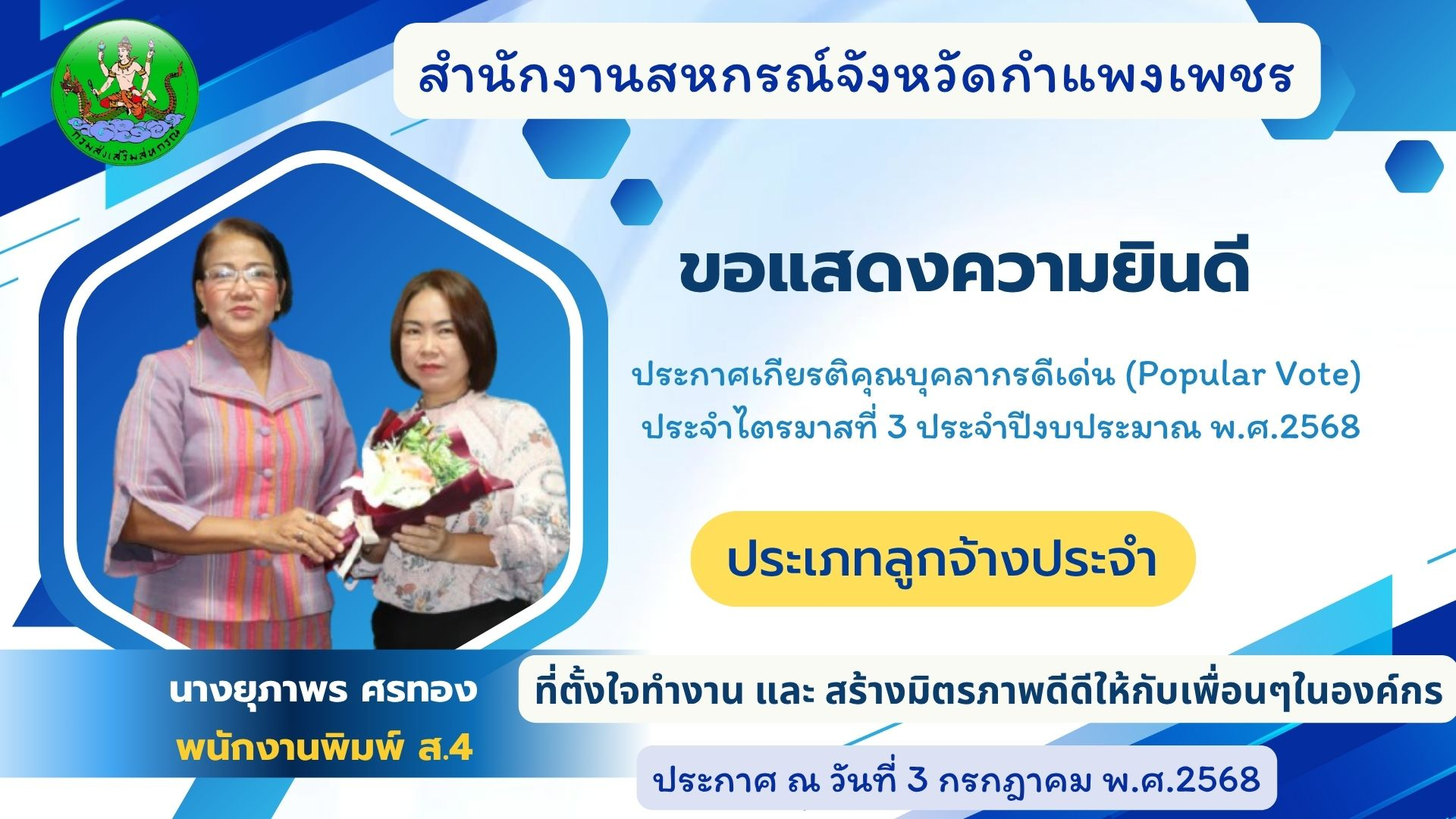 ประกาศเกียรติคุณบุคลากรดีเด่น (Popular Vote) ไตรมาส 3 ประจำปีงบประมาณ พ.ศ.2568 ประเภทลูกจ้างประจำ